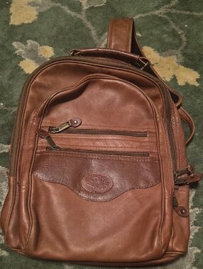 Men's Tan Leather Sling Backpack with Front Zip Pockets